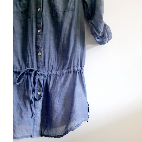 Paper Tee 100% Cotton Light Chambray Drawstring Waist Button TShirt Tunic Dress - Picture 7 of 12